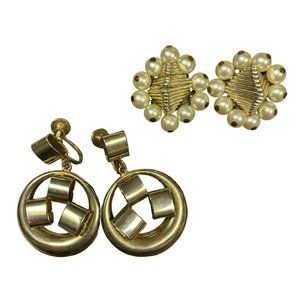 2 Pair Vintage Brutalist Clip on Earrings - one Silver tone dangle, one Silver t